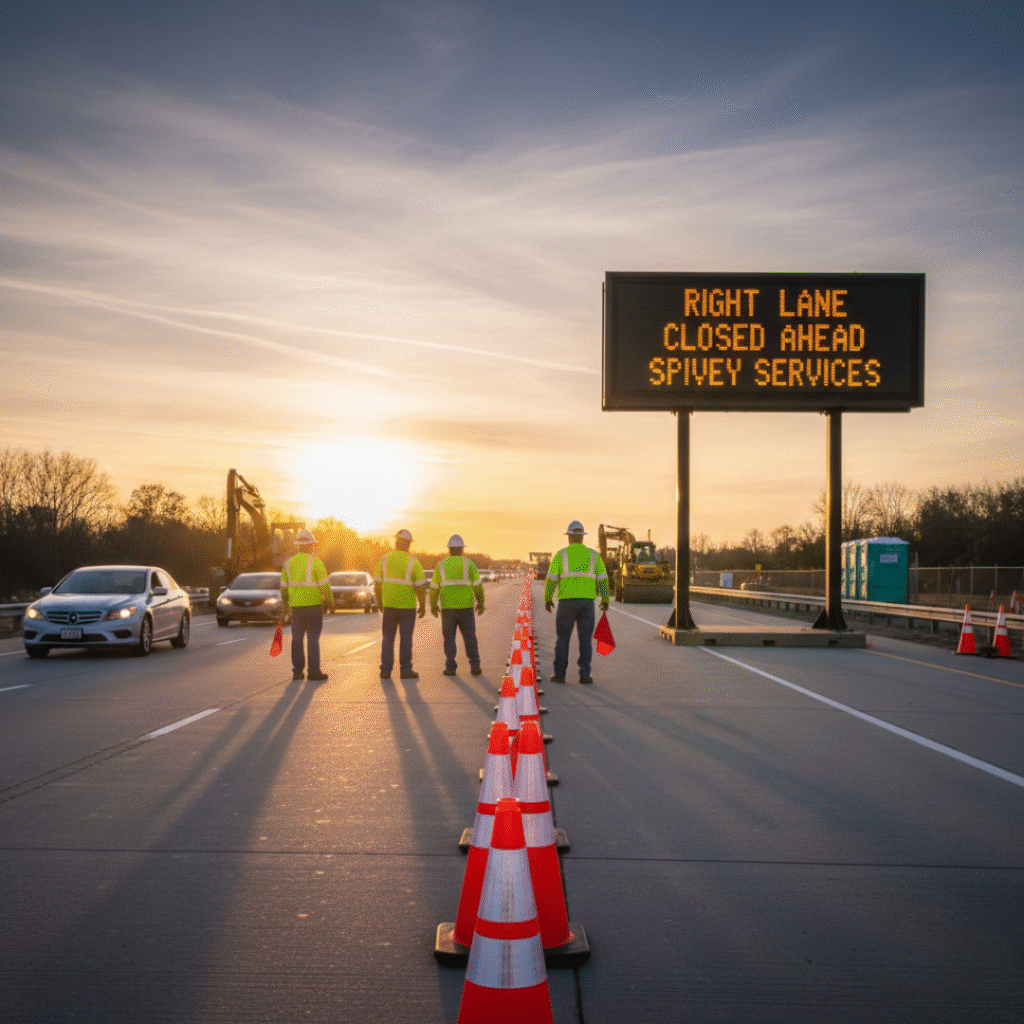 Spivey Services crew setting up message boards for a highway lane closure in Virginia