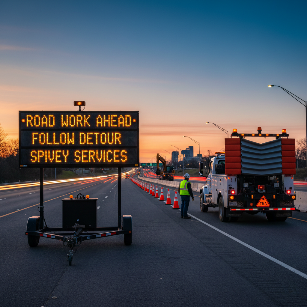 Traffic control crew setting up lane closure with cones and truck-mounted attenuator in Virginia work zone