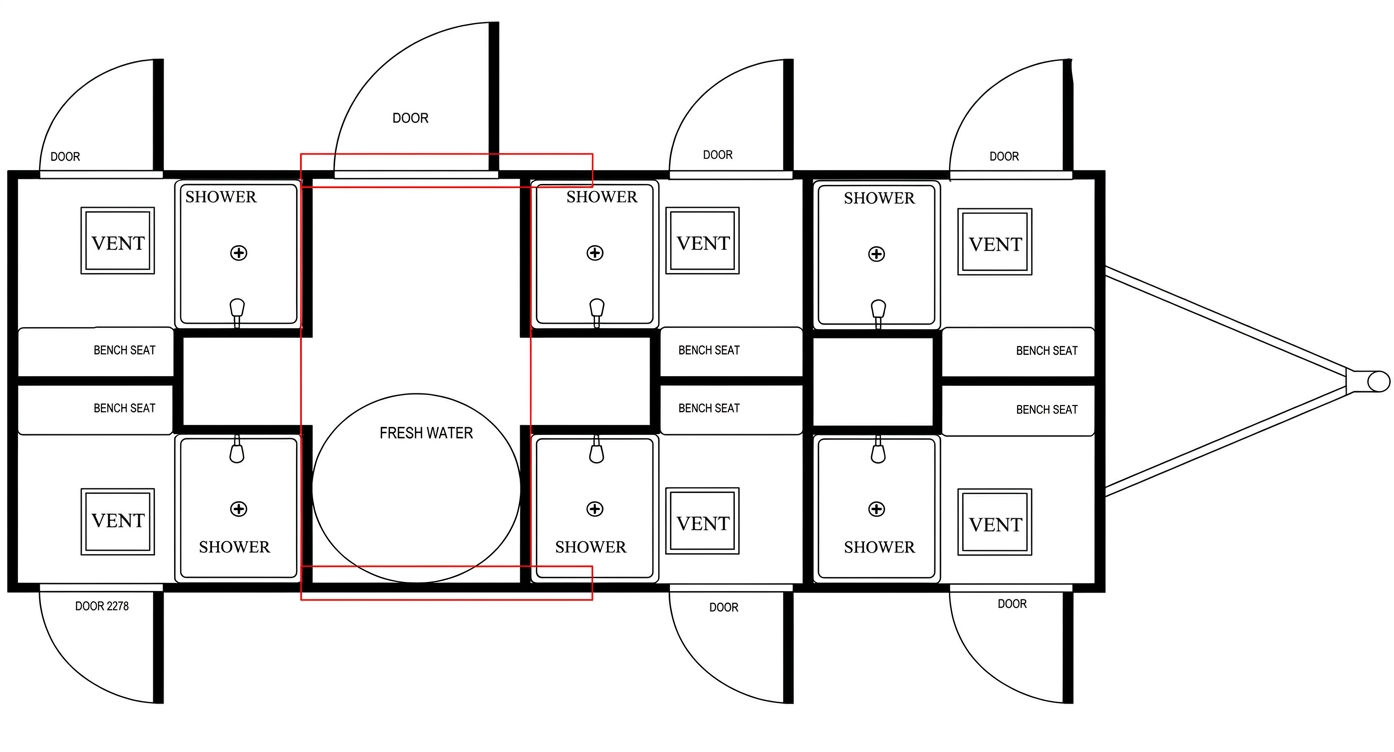 Floor plan of a 6-station shower trailer rental by Spivey Services