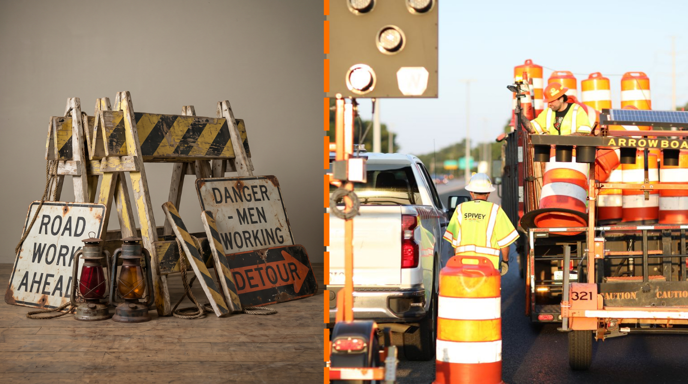 A split image with the left showing 20th century traffic safety equipment and the right showing a Spivey Services crew with modern traffic safety equipment (an arrow board, truck filled with traffic drums, hi-viz jumpsuits, etc.).