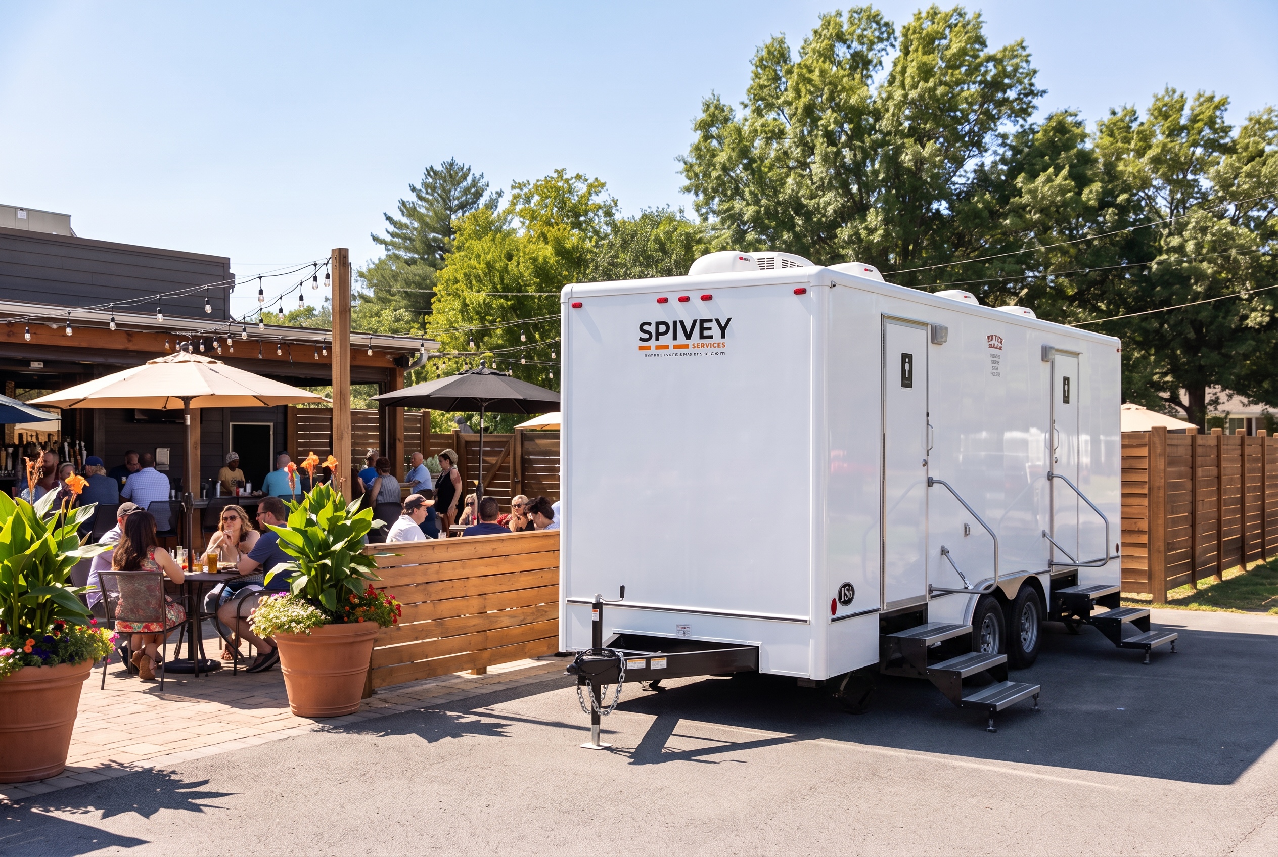 A Spivey Services restroom trailer rental setup for a Virginia outdoor event venue